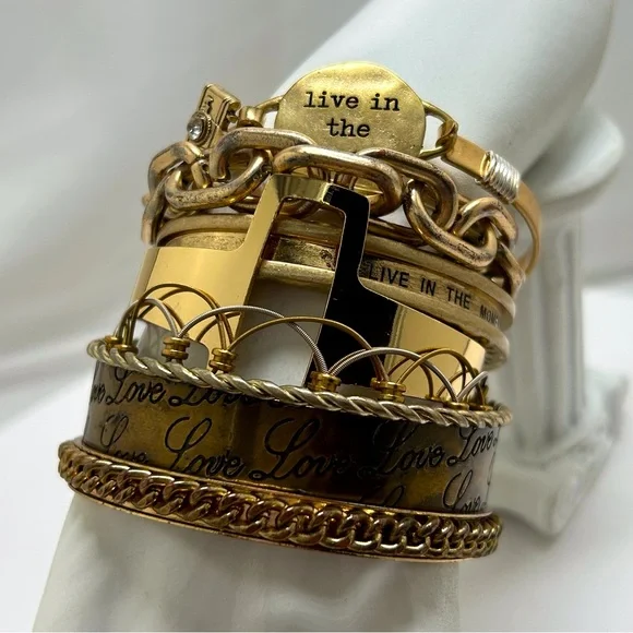 Stack Of 8 Vintage Gold Bangle And Cuff Bracelets - Picture 5 of 5